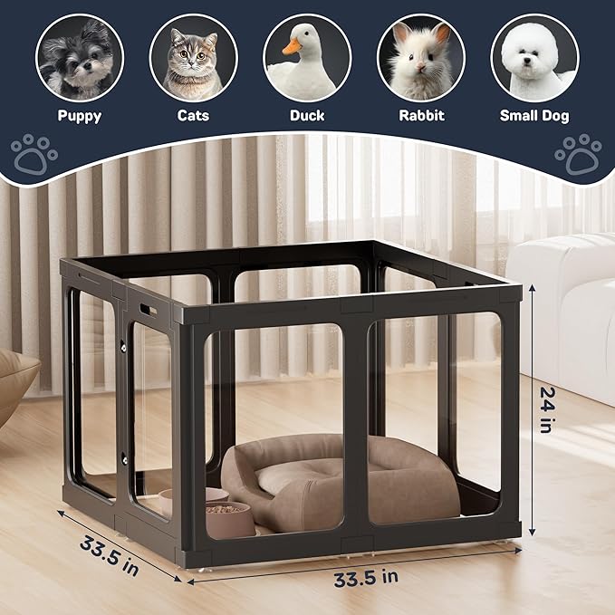 Jalove Acrylic Dog Playpen Indoor, 8 PCS Plastic Puppy Playpen with Door, Clear PlayPen for Dog Cat Rabbit Ferret, Easy Assemble Pen, Preferable Small Cage, Black, 33.5" L x 33.5" W x 24" H