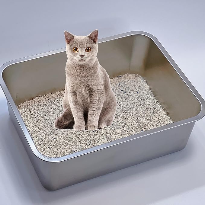 Stainless Steel 18"x14"x8" Cat Litter Box, Corrosion Resistant Easy Clean No Residue Build Up Never Absorbs Odor Durable Pan (M (18"x14"), 8" Deep)