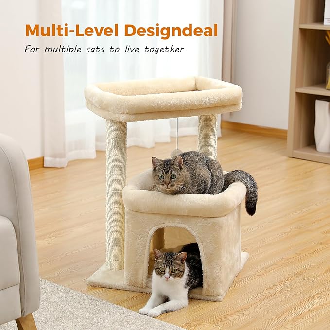 27" Cat Tree for Medium Cats, Cat Tower with Large Top Perch, Full Wrapped Natural Sisal Scratching Posts for Indoor Cats with Spacious Condo & Toy Ball, Beige