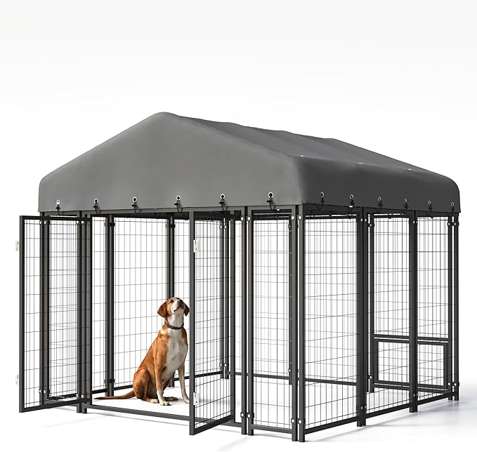 6 x 6 FT Large Outdoor Dog Kennel with Double Swing Doors, Heavy-Duty Dog Cage with Feeding Panel, Weatherproof Roof, Secure Fence Playpen for Large Dogs, Easy Assembly