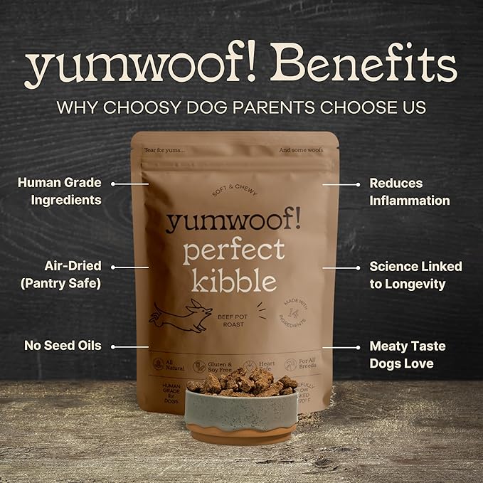 Yumwoof Perfect Kibble Non-GMO Air Dried Dog Food | Improves Allergies & Digestion with Organic Coconut Oil, MCTs & Antioxidants | Vet-Approved Soft Dry Diet | Made in USA (Beef 14 oz.)