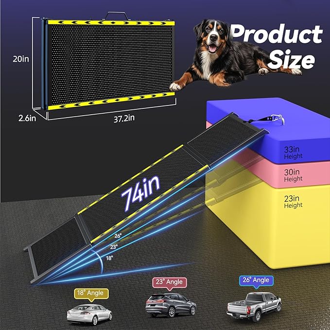 74'' L & 20'' W Longest Dog Ramp for Car - Extra Wide Portable Pet Dog Ramps for Large Dogs, Dogs Cars Ramp for Car SUV/Truck/RV/Bed, Lightweight Ramps with Non-Slip Mesh Up to 300LBS, Black