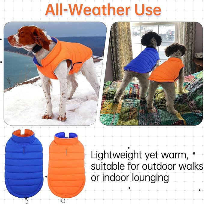 Lelepet Reversible Dog Coat Warm Dog Puffer Jacket Ultra Lightweight Windproof Padded Vest for Small Medium Large Dogs Winter Coats with Hook & Loop, Non-Shedding, Easy on/Off, Orange, XXL
