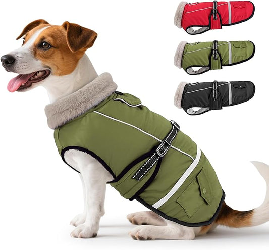 Dog Coat, Dog Winter Coat Jacket Waterproof for Large Dogs, Pet Vest Warm Fleece Cozy for Cold Weather, with Harness Built in Reflective, Dogs Snowsuit Windproof, Adjustable Buckle