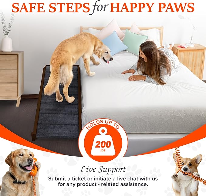 Adjustable Dog Ramp for Bed - Foldable Wooden Ramp for Dogs to Get on Bed, Couch, or Car - Ideal for Small, Medium, and Large Breeds (Walnut Wood with Grey Carpet) (Walnut Wood, Large)