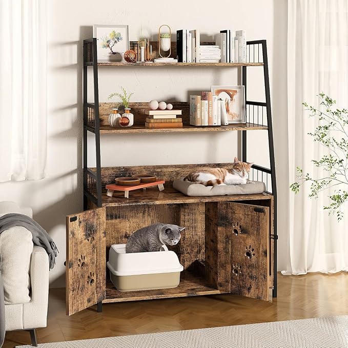 Recaceik Large Cat Litter Box Enclosure with Shelf Storage, Hidden Cat Washroom Furniture, Wooden Cat House with Scratch Pad, Sturdy Indoor Cat Cabinet with 2 Doors, Rustic Brown