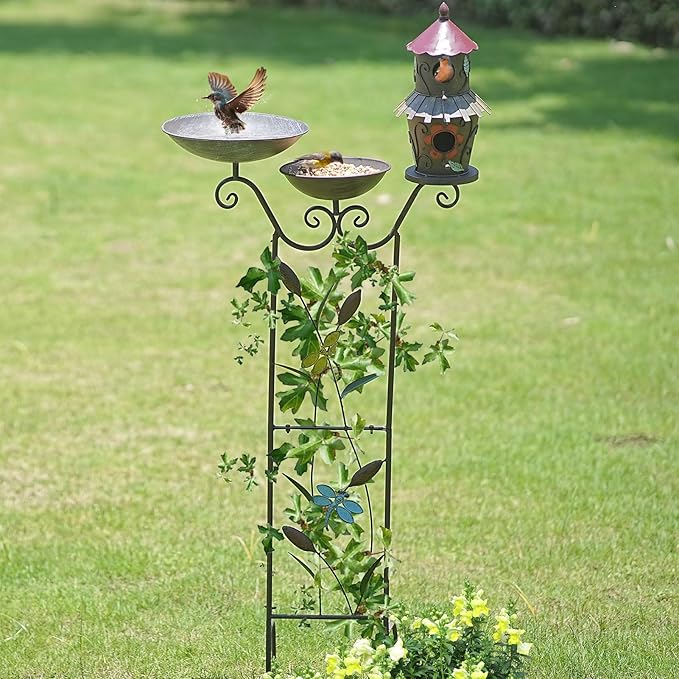 52.4" H Metal Bird Bath with Trellis for Outdoor,Bird Feeder and Metal Bird Houses,Garden Plant Support,4-in-1,Doubles As The Climbing Plant,Garden Yard Decor