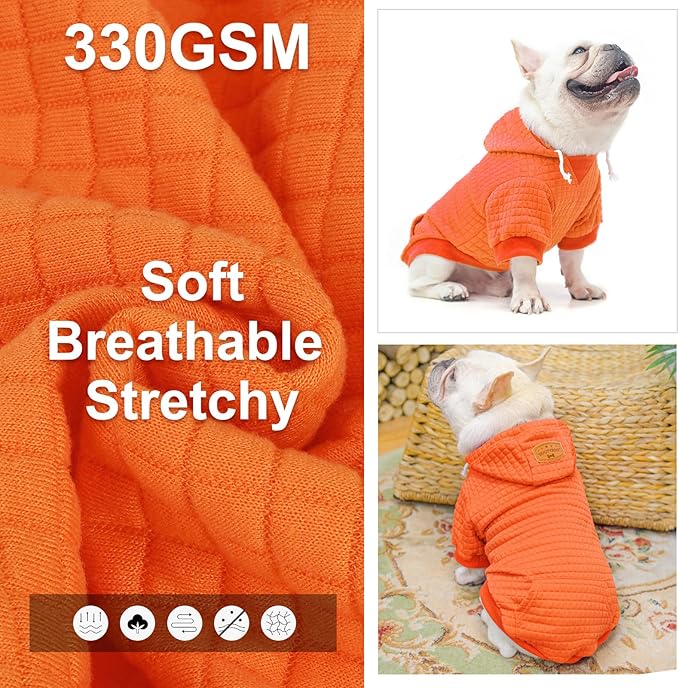 BEAUTYZOO Small Dog Hoodie Sweater with Pockets, Dog Clothes for Small Medium Dogs Boy Girl, Waffle-Like Laminated Cotton Pet Coats with Hat and Leash Hole, Orange M