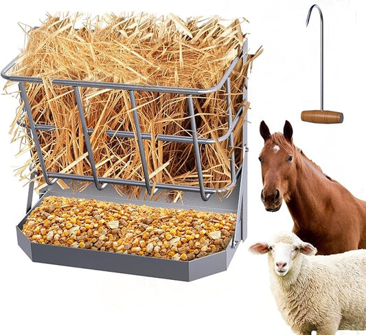 Goat Hay Feeder, 21 Gallon Large Capacity Hay Rack, 2 in 1 Hay and Grain Feeder, Wall Mounted Livestock Feeder with Feed Tray Wall Hay Rack for Sheep, Horses, Goats, Metal Hay Holder in Farm