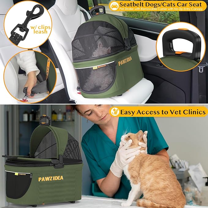PAWZIDEA Double Pet Stroller with 2 Detachable Carriers, Portable Dog Crate for Car Travel & TSA-Approved Expandable Cat Carrier, Foldable Lightweight Jogger Stroller for 2–4 Cats or Small/Medium Dogs