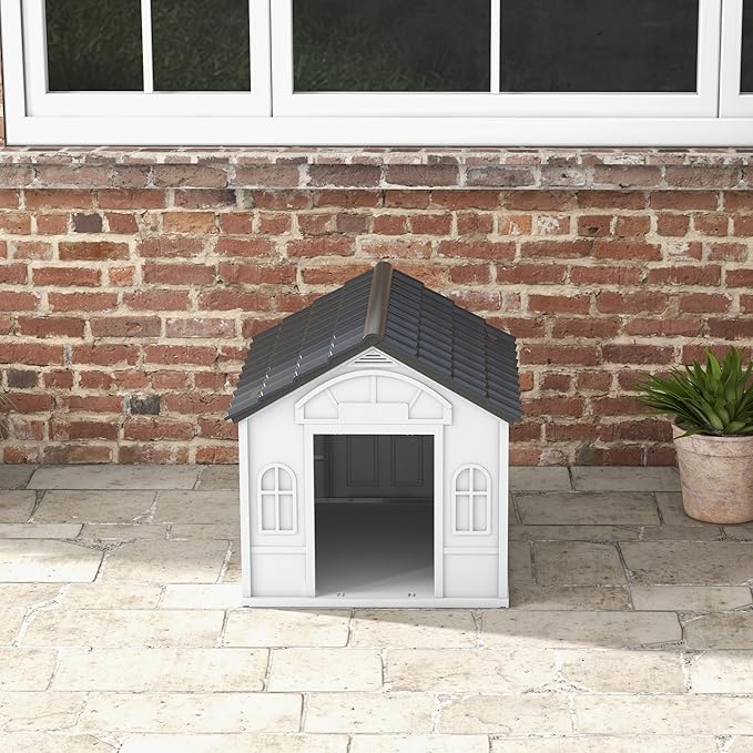 PawHut Plastic Dog House, Water Resistant Puppy Shelter Indoor Outdoor with Door, Easy to Assemble, for Medium and Small Dogs, Gray