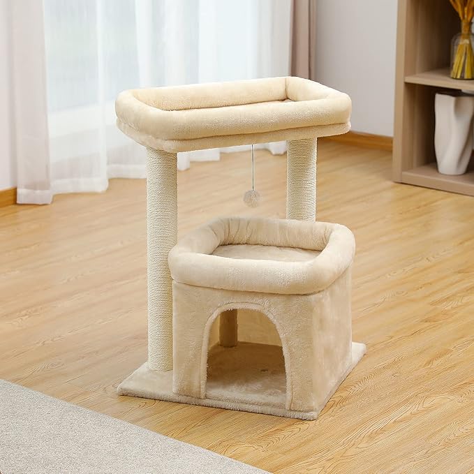 27" Cat Tree for Medium Cats, Cat Tower with Large Top Perch, Full Wrapped Natural Sisal Scratching Posts for Indoor Cats with Spacious Condo & Toy Ball, Beige