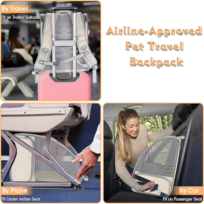 Cat Backpack Carrier, Large Pet Backpack with Kitten Wand Feather Toy for Medium Small Dog Cat Puppy Kitty Bunny up to 15lbs, Ventilated Mesh Dog Travel Carrier for Hiking Walking Outdoor Use (Beige)