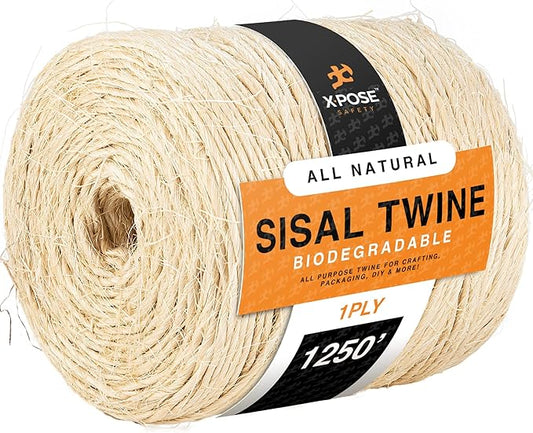 Sisal Twine - 1 Ply 1250 Ft Thin Natural Fiber Rope on Spool - Rope Cat Scratching Post, Rope for Cat Scratcher, Cat Tree Replacement Parts, Pet Toy - Decorative Cordage for Crafts, Pole Wrap