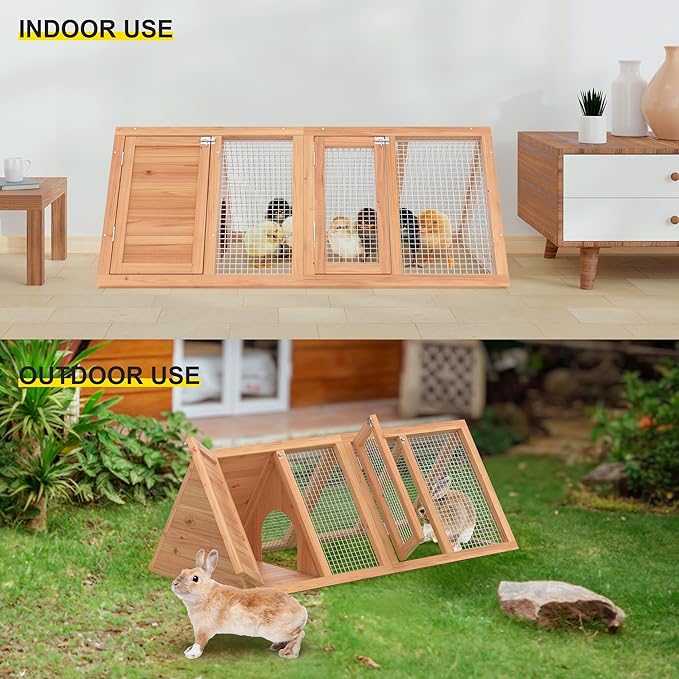 Rabbit Hutch Outdoor Chicken Coop Run A-Frame Bunny Cage Wooden Quail Cage w/ 2 Door & Ventilated Wire Fence Small Animal Cage for Garden Backyard Farms 47 x 18 x 19.5 in