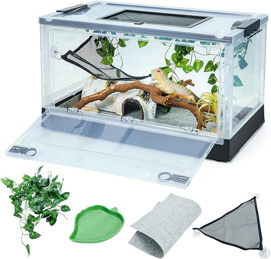 Big Foldable Reptile Terrariums, Snake Tanks, and Enclosures for Bearded Dragons, Iguanas, Lizards, Crested Geckos -Clear Views, High-Temperature Resistant Iron Mesh Ventilation (Black, 22'')