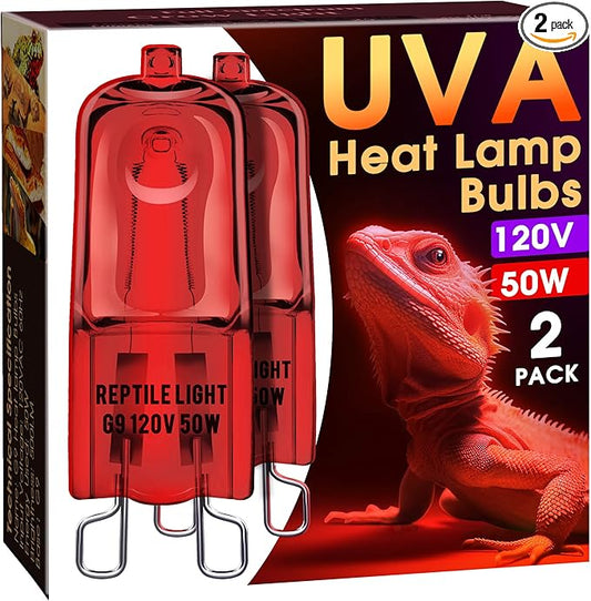 Briignite G9 Infrared Heat Lamp Bulbs for Reptile, Mini Reptile Light, Dimmable Night Red UVA Reptile Heat Lamp, 2 Pin Base Mini Heat Bulbs 50W, Bearded Dragon Turtle Lizard, 2Pack