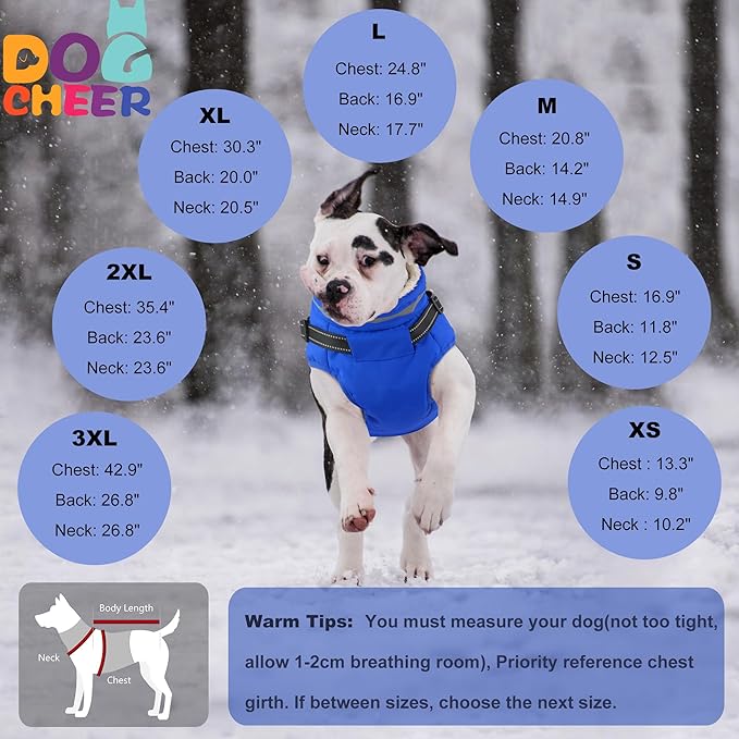 Dogcheer Dog Coat with Harness, Waterproof Dog Jacket Christmas Puppy Winter Coat with Pockets, Reflective Doggy Winter Jacket Soft Pet Fleece Snow Jacket for Small Medium Large Dogs - Blue, 3XL