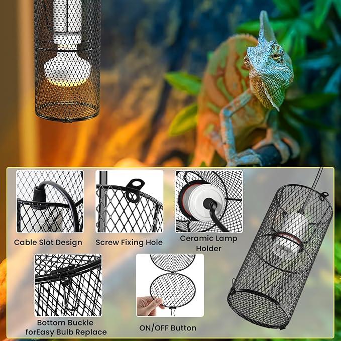 2Pack Reptile Heat Lamp Guard with 150W E26 Ceramic Lamp Holder,Anti Scald Mesh Cage Reptile Light Fixture with ON/Off Button for Reptile Lizard Snake Chick-Heat Bulb Not Included