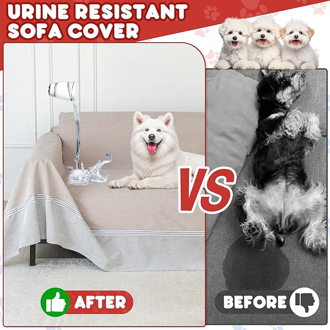 Living Room High Stretch Sofa Cover Pets Dogs Friendly, Cat Scratch Furniture Protector - Anti-Slip, Waterproof Sofa Cover to Keep Cats Off, Anti-Scratch Couch Cover for Pets and Kids 150"X91"Khaki