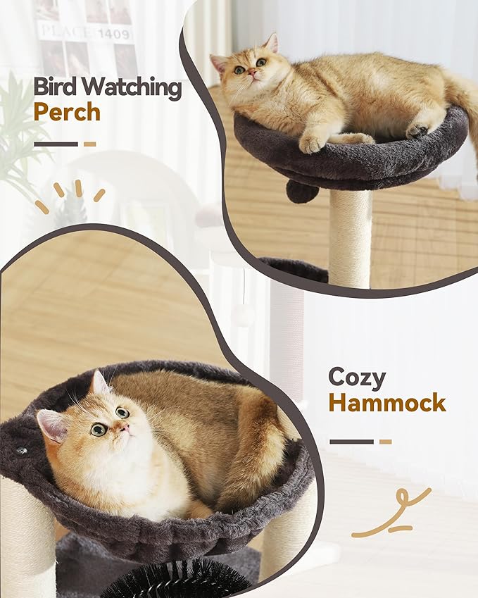 Simple Deluxe Small Cat Tree Tower for Indoor Cats, 5-in-1 27.8" Multi-Level Cat Tree with Scratching Posts, Plush Hammock, Perch, Self Groomer Brush, Dangling Ball for Kittens/Small Cats Play&Rest