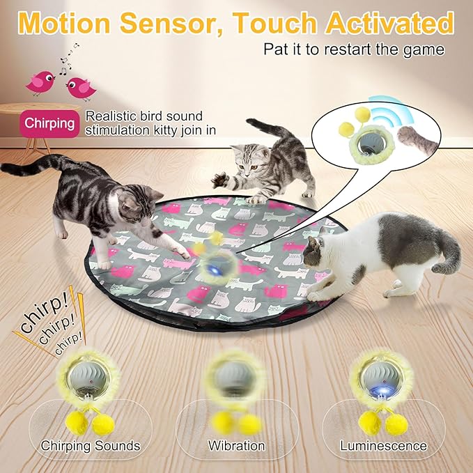Interactive Cat Toys for Indoor Cats, Automatic Motion Cat Toy in Pouch Fast Rolling Ball in Play Mat Hide and Seek Mouse Catching Game with Chirping Stimulation,Led Light,Auto On/Off(Grey)