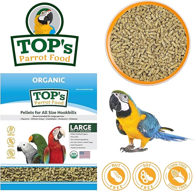 TOP's Parrot Food Pellets Hookbills, Small, Medium and Large Parrots - Non-GMO, Peanut Soy & Corn Free, USDA Organic Certified - 10 lb / 4.53 kg