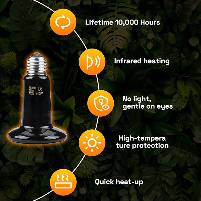 BN-LINK 100W Reptile Heat Lamp 2-Pack, Ceramic Heat Emitter Bulbs, No Light Heat Lamp for Reptiles, Chickens, Lizard, Turtle, Snake