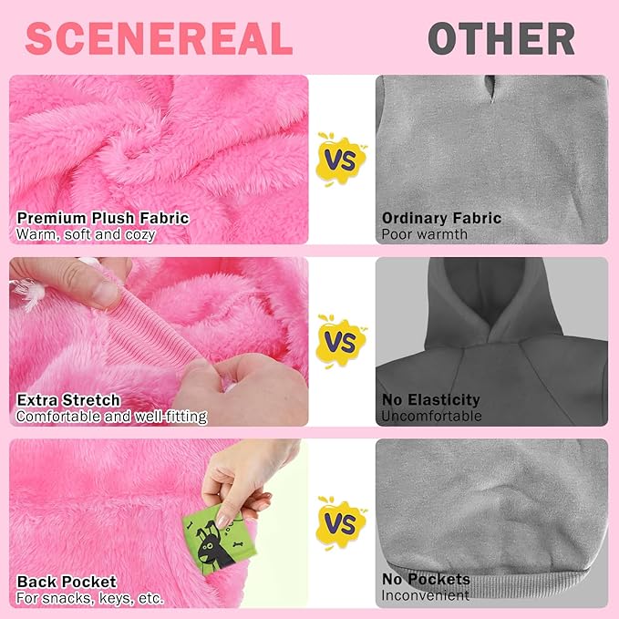 SCENEREAL Fuzzy Dog Sweater Hoodie for Small Medium Large Dogs, Big Fleece Warm Dog Sweatshirt with Pocket, Girl Boy Winter Dog Clothes, Designer Cute Male/Female Dog Outfit with Leash Hole