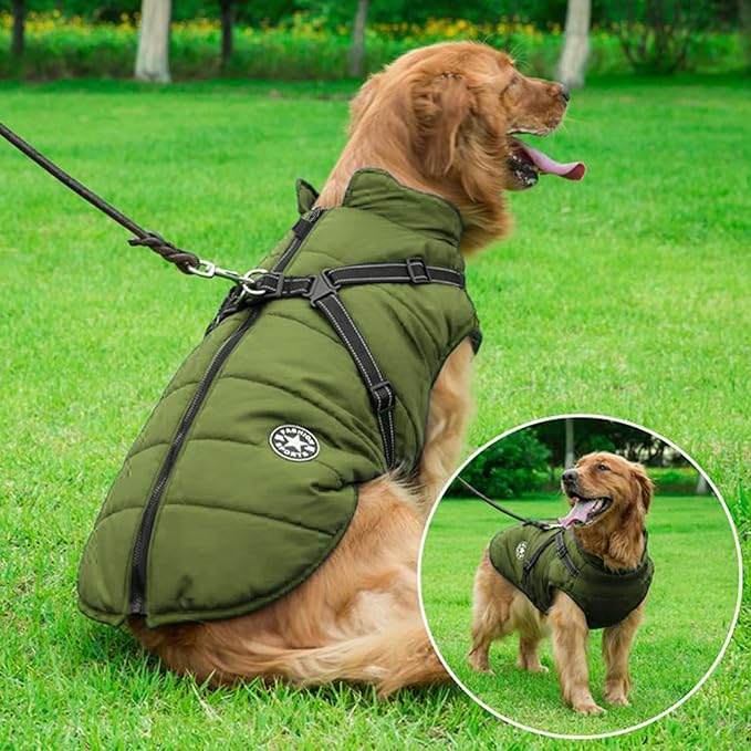 Aiboria Dog Jackets for Winter Windproof Waterproof 2 in 1 Outfit Cold Weather Coat Dog Vest Harness Puppy Winter Warm Jacket Green M