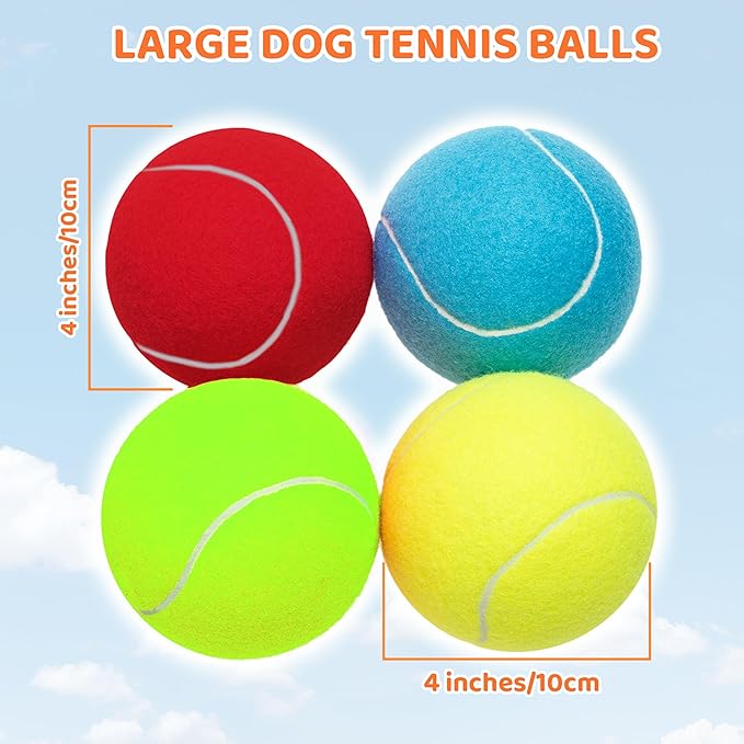 4 Pack Large Dog Tennis Balls, 4 inch Interactive Dog Toy Ball for Playing Training Sports Outdoor Indoor, Pet Toys Fetch Balls for Small, Medium, Large & Dogs