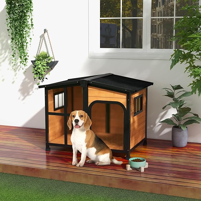 PawHut Outside Cabin-Style Wooden Dog House for Large Dogs with Openable Roof & Giant Window, Outdoor & Indoor Big Dog House, Asphalt Roof, Yellow