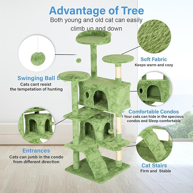 FDW Cat Tree 54in Cat Tower Multi-Level Durable Cat Scratching Post & Cozy Fun Cat Jumping Platform Space Saving Cat Condo Pet Play House for Indoor Cats,Green
