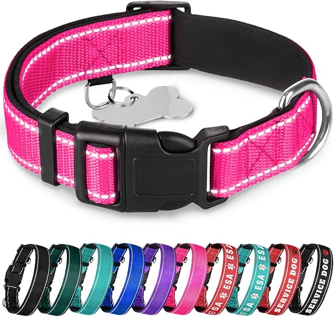 TECEUM Reflective Dog Collar – Hot Pink – S – Extra Soft Padding – Basic Nylon Pet Collar – Quick Release Buckle – Fits Small, Medium and Large Dogs, Puppies, Cats – ESA & Service Dog Options