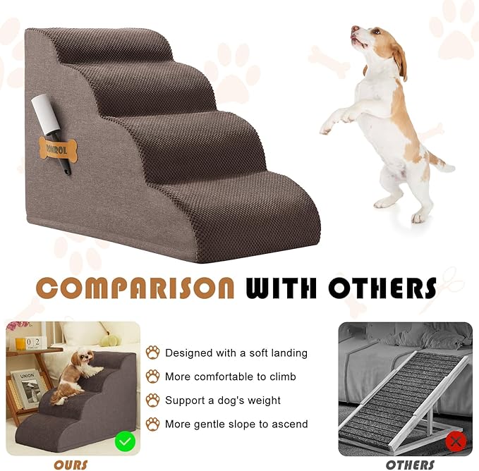 ROMROL Dog Stairs, Romrol Dog Steps Ramp for High Bed and Couch, Dog Ramp with Durable Non-Slip Waterproof Fabric Cover, Pet Stairs for Small Dogs and Cats or Pets Joints, 4-Tiers,Coffee