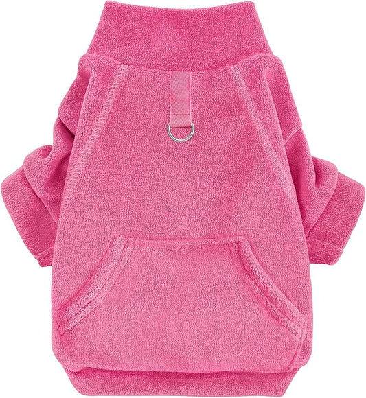 Idepet Fleece Dog Sweater, Winter Pet Clothes Turtleneck Sweatshirt, Stretchy Cat Coat with Leash Ring (Rose Red, XS)