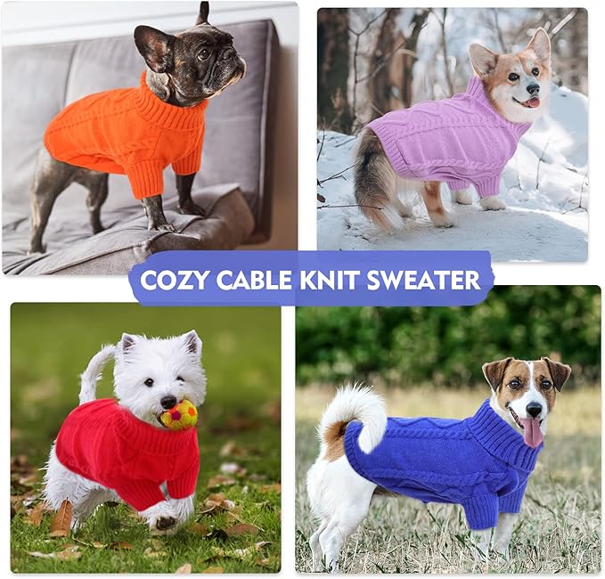 Queenmore Small Dog Pullover Sweater, Cold Weather Cable Knitwear, Classic Turtleneck Thick Warm Clothes for Chihuahua, Bulldog, Dachshund, Pug (Lilac, X-Small)