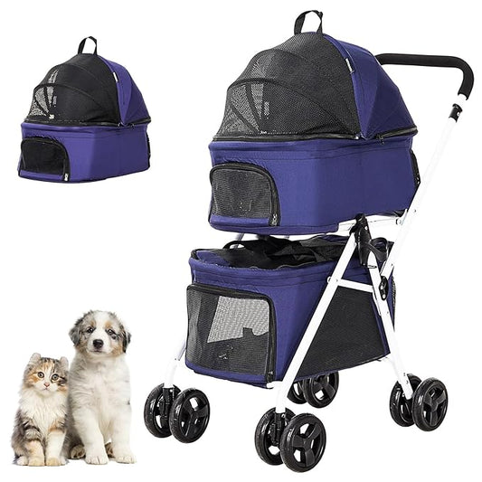 Double Dog Stroller with 2 Detachable Carrier, Portable Pet Stroller for Small Dogs & Cats Folding Lightweight Puppy Travel Carriage, 4 Wheels, Blue