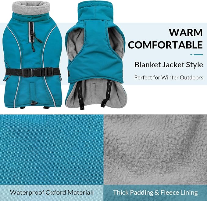 Queenmore XXL Dog Coat, Winter Jacket for Large Dogs, Waterproof Puffy Snowsuit, Adjustable Reflective Fleece Lining Warm Padding Parka for Cold Weather, Blue 2XL