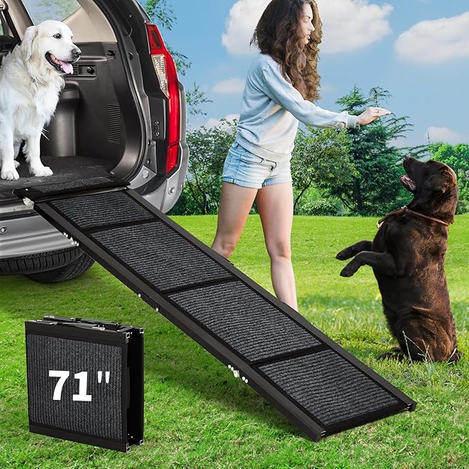 Upgraded Heavy Duty Dog Ramp for Cars - 71" Long & 17" Wide Folding Pet Ramp for Large Dogs with Non-Slip Surface Portable Dog Car Ramp for SUV Car & Truck, Outdoor Dog Ramp Up to 250 LBS