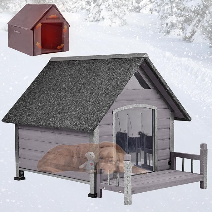 Dog House Outdoor, Insulated Dog Kennel Outside for Large Breed, 50.87" L Weatherproof Large Dog Shelter with Anti-Chewing Iron Frame (Grey, 45" D x 32.9" W x 32.6" H)