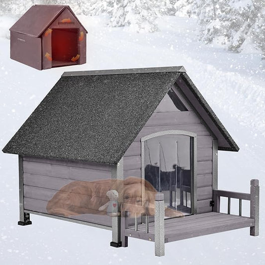 Dog House Outdoor, Insulated Dog Kennel Outside for Large Breed, 50.87" L Weatherproof Large Dog Shelter with Anti-Chewing Iron Frame (Grey, 45" D x 32.9" W x 32.6" H)