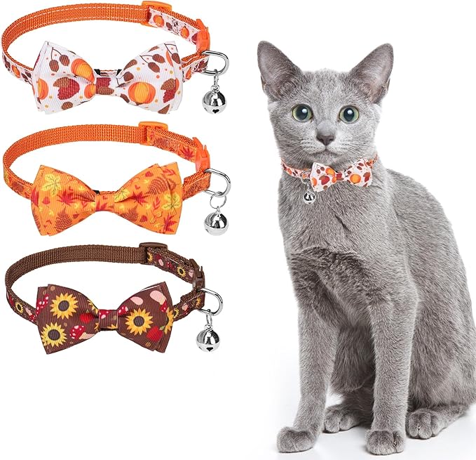 SCENEREAL Fall Cat Collar Breakaway, 3 Pack Kitten Collars with Bell, Bowtie and Safety Buckle - Adjustable Cute Holiday Thanksgiviing Cat Collars with Turkey and Pumpkin Pattern for Girl Boy