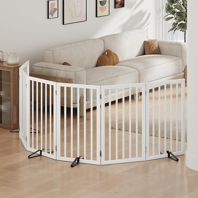 Dog Gates for Doorways, Tall Dog Gate Indoor, Foldable Pet Gates for Doorways Bedroom, Freestanding Puppy Gate with Metal Support Feet, Room Divider,6 Panels (White)
