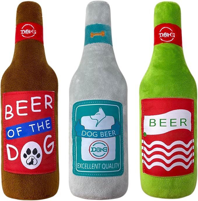 Plush Squeaky Dog Toy - Dog Beer Shape Interactive Chew Toy for Small/Medium/Large Dogs, Stuffed Funny Dog Toys, Ideal for Indoor Home Play & Outdoor Activities, Puppy Birthday Gift (3 Pack)