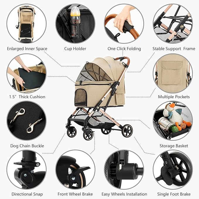 Medium Dog Stroller, Kenyone Pet Stroller for Medium Dogs Up to 55lbs, Lightweight Aluminum Frame, One Click Folding, Large Cat Stroller with No Zip Entry, Detachable Mesh, Multiple Pockets