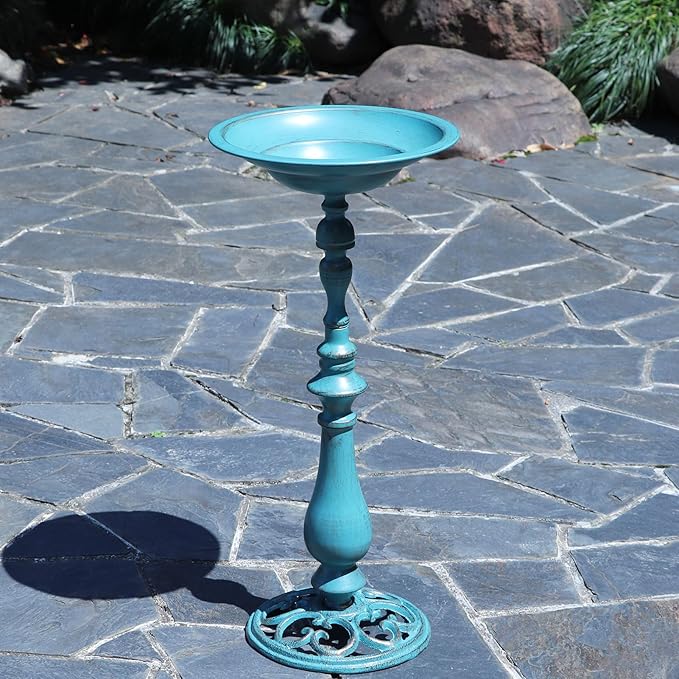 26.6”H Cast Iron Pedestal Bird Bath，Metal Birdbaths Bird Feeder Seed Tray for Garden Yard Decor -Blue.
