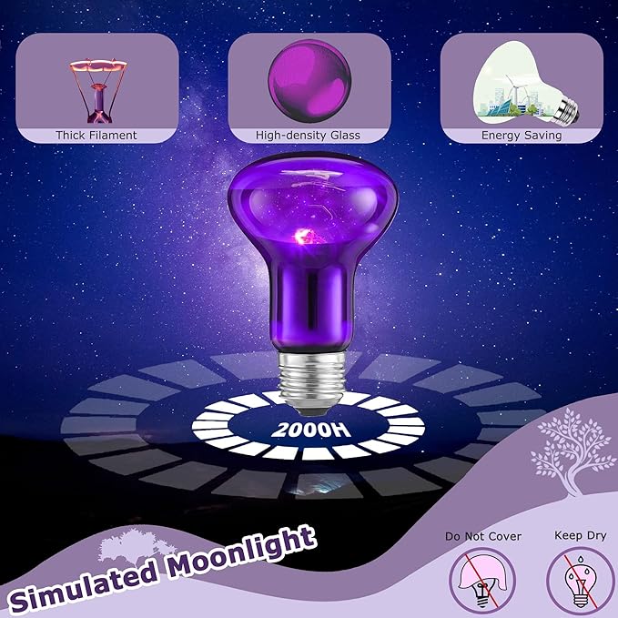 60W Reptile Night Light Bulb – Simulated Moonlight UVA Heat Lamp, Purple Basking Light for Bearded Dragons, Lizards, Snakes, Chameleons, Amphibians - 2-Pack (2.5" Diameter)