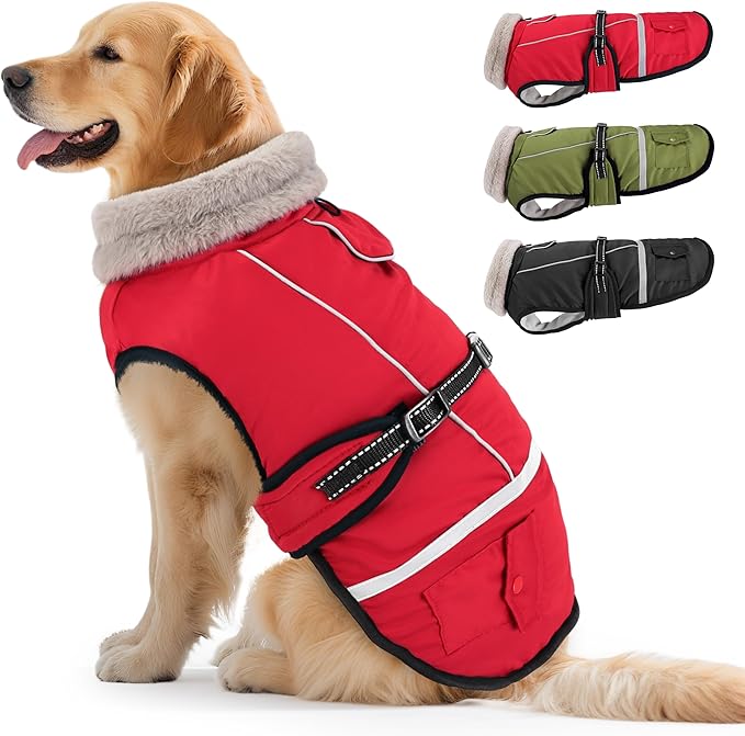 Dog Coat, Dog Winter Coat Jacket Waterproof for XL Large Dogs, Pet Vest Warm Fleece Cozy for Cold Weather, with Harness Built in Reflective, Dogs Snowsuit Windproof, Adjustable Buckle