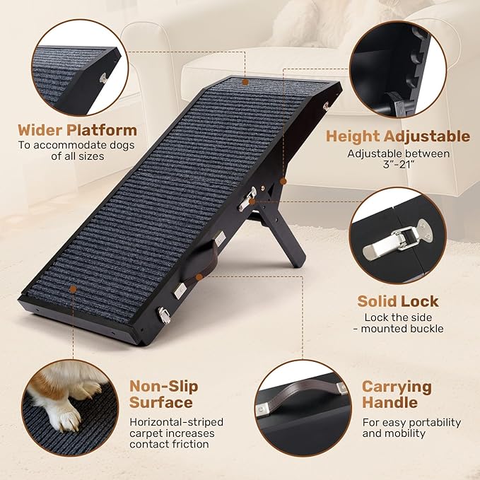 Wood Dog Ramp for Bed, 5-Level Adjustable Height (10" to 21") Pet Ramp with Non-Slip Surface for Couch, Bed and Car, Foldable Dog Ramp for Small, Medium to Large Dogs, Up to 200LBS
